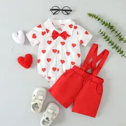 Clothing Sets 2024 Spring/Summer Valentine's Day Boys Children Gentleman Suit Short Sleeve Heart Print Romper Bib Pants Two-Piece Set