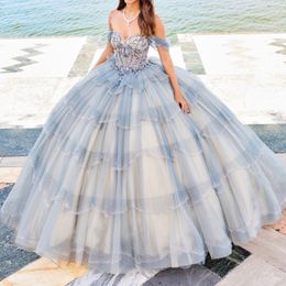 Sky Blue Sparkly Quinceanera Dresses 2024 Formal Luxury Party Beading Lace Tull Sweet 15 Dress Graduation Ball Gwon Prom Gowns