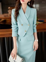 Two Piece Dress Yitimuceng Slim Suits For Women With Skirt Fashion Office Ladies Long Sleeve Short Blazers Casual High Waist Midi