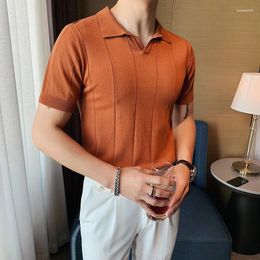 Men's Polos Slim Short-sleeved POLO Shirt Knit Lapel T-shirt Camisa Hombre British V-neck Color Matching Collar Casual