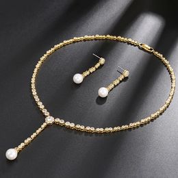 Sets Elegant Shell Pearl And Bezel Setting Cubic Zirconia Necklace and Drop Earrings Wedding Part Jewellery Set