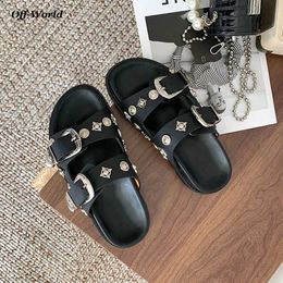 Slippers 2022 Fashion Women Slippers Street Punk Metal Rivet Charms Outdoor Sandals PU Mules Flip Flops Summer Casual Shoes For Female J240125