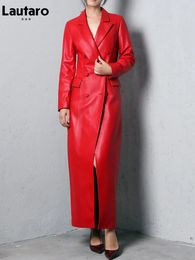Lautaro Spring Autumn Extra Long Red Soft Faux Leather Trench Coat for Women Double Breasted Luxury Elegant British Fashion 240119