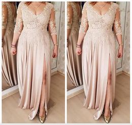 Plus Size Mother Of The Bride Dresses A line Champagne 3/4 Sleeves Chiffon Appliques Long Groom Mother Dresses For Weddings