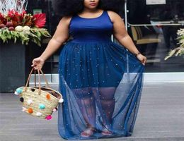 4XL 5XL Plus Size African Women Dress Blue High Waist Transparent Floor Length Sexy Night Club Wear See Through Long Dresses 210511950807