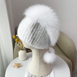 Women's Real Mink Fur Hat Knitted Cap Mushroom Skullies Beanies Outdoor Ski Cap