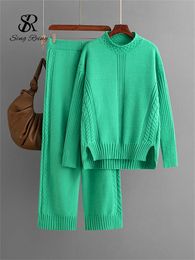SINGREINY Home Wear Knitted Suits Ladies Turtleneck Loose Long PulloversElastic Knit Pants Casual Sweater Two Pieces Sets 240122
