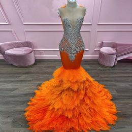 Luxury Orange Mermaid Prom Dress 2024 Sheer Neck Beads Diamond Evening Party Gowns Sequined Feathers Graduation Dresses Vestidos