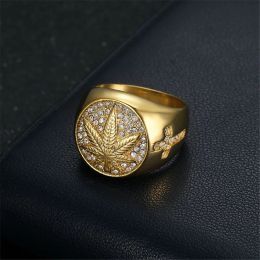 Hip Hop Iced Out Hemp Leaf Ring 14k Yellow Gold Cool Rings For Men Hippie Jewelry Gift