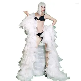 Stage Wear Women Singer Long Cloak White Floral Shawl Tailing Coat Sexy Bar Nightclub Party DJ Dancer Show Performance Costume