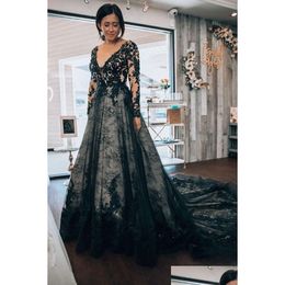 A-Line Wedding Dresses Gorgrous Black Lace A Line Wedding Dresses Appliques Long Sleeves Gothic Bridal Gowns 2024 V-Neck Backless Boho Otkt8