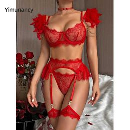 Sexy Set Yimunancy Further Luxury Sexy Lingerie Set Women 4-piece Choker Off Shoulder Lace Erotic Set Garter Brief Kit