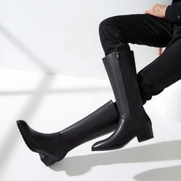 Italian Classic Men's Knee High 5 Cm Heels Genuine Leather Comfortable Winter Warm Black Business Shoes Boots Man