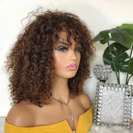 Short Jerry Pixie Cut Human Hair With Bangs Remy Curly Bob Wigs For Black Women None Synthetic Full Lace Wig Black/Bury Red /Bury