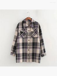 Women's Blouses Fashion Plaid Print Two Front Pockets Straight Long Shirts Girls Casual Turn-Down Collar Single Breasted Purple Tops