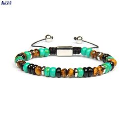 Bracelets Ailatu New Men's Wristband Macrame Bracelets with 4x6mm Faceted Tiger Eye Stone Stainless Steel Jewelry