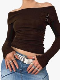 Women's Sweaters Women Y2k Off Shoulder Knit Tops Ribbed Long Sleeve Cropped Slim Fit 2024 Fall Clothes Going Out