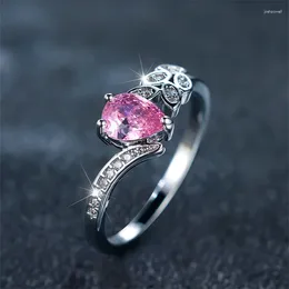 Wedding Rings Luxury Female Pink Zircon Stone Ring Trendy Silver Color Engagement For Women Cute Bride Jewelry Gift