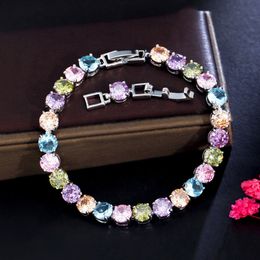 Colourful charm diamond tennis designer bracelet woman copper round white yellow blue AAA zirconia crystal silver luxury lady bracelets womens fashion Jewellery gift