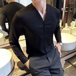 Men's Dress Shirts Men V-neck Long Sleeve Shirt British Style Solid Casual Slim Fit Camisas Blusas Formal Homme Clothing