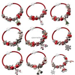 Chain 2023 Christmas Jewelry Charm Bracelets With Santa Claus Christmas Tree Beads Leather Chain Fine Bracelets For Women Kids GiftL24