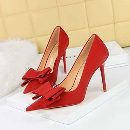 Dress Shoes Korean Fashion Slim High Heels Thin Heeled Satin Shallow Cut Single Shoe Pointed Bow Tie Women's Shoes Wedding Shoes