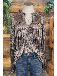 Women's Blouses Ruffled Crinkled Velvet Top Solid Color Casual Long Sleeve Crew Neck For Fall & Winter Clothing