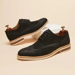 Dress Shoes Man Derby Genuine Split Suede Leather Full Brogue Long Wing Business Men Casual Comfortable Wedding Party Suits