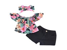 Girl Kids Summer Clothing Sets Turn Down Collar Full Flower Print Flying Sleeveless Shirt short headbands Summer Girl clothing 9471733