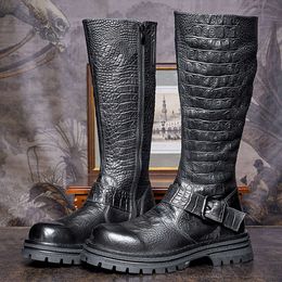 Fahion Knee High Mens Boots Retro Crocodile Pattern Genuine Leather Handmade Comfortable Elegant 2024 Man Party Shoes