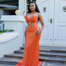 Sparkly Orange Mermaid Prom Dress Sequined Sheer Neck Beads Sweep Train Evening Dresses Birthday Party Gowns Vestidos De Gala