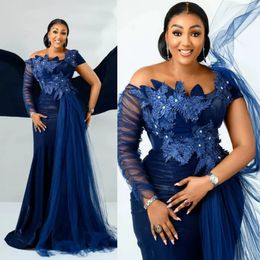 African Royal Blue Mother Of The Bride Gowns One Shoulder Long Sleeves Appliqued Lace Tulle Mother's Dresses Floor Length Dress For Arabic Black Women AMM012