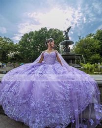 Lilac Purple Dresses Sweet Princess Ball Gown Birthday Party Gowns Cape Vestidos De 15 Quinceanera