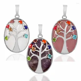 Pendant Necklaces Natural Stone Tree Of Life Oval Healing Chakra Crystals Charm Colorful Zircon Card Pendants For Jewelry Making