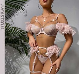 Sexy Set MUZISKAT Feathers Sex Underwear Luxury French Lingerie Sets Garter Belt for Women Lace Transparent Thong and Bra Erotic Package