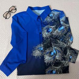 Women's Blouses Single-breasted Blouse Lapel Collar Shirt Feather Print Single Breasted Gemstone For Streetwear Spring