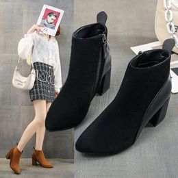 Dress Shoes 44 Size European And American Style Pointed Fashion Short Boots With Suede Side Zipper Thick Heels For Women's