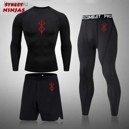 Men's Tank Tops Anime Berserk Athletic Compression Sets for Men 3 Pieces Gym Running Workout Fitness Kit Rash Guard Undershirt Tops Pants ShortsL240124