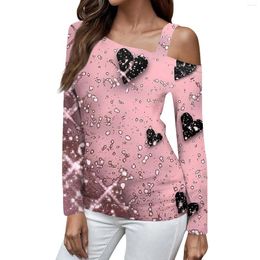 Women's T Shirts Valentine's Day Printed Long-Sleeved Sloping Shoulder Strap Pullover Top Luxury Tops Mark Off-shoulder Knitwear