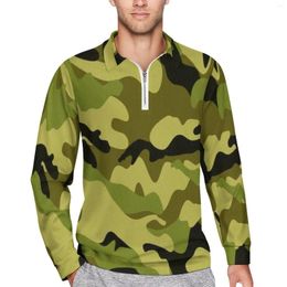 Men's Polos Camouflage Polo Shirt Daily Green And Black Print Zipper Casual Long-Sleeved Collar Novelty Design Oversized T-Shirts