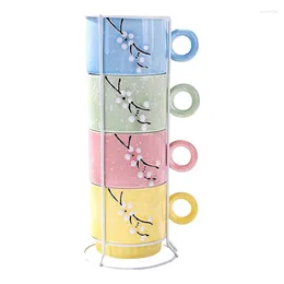 Mugs Ceramic Coffee Set Of 4 Stackable Cups With Stand Vibrant Color And Space Saving For Latte Mocha Tea