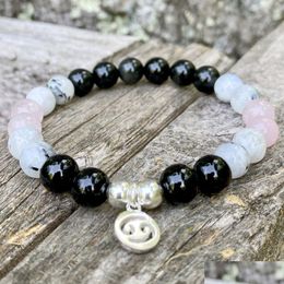 Beaded Mg1372 Cancer Zodiac Charm Bracelet Womens Rose Quartz Yoga Mala Jewellery Black Tourmaline Rutilated Energy Drop Delivery Jewel Dhyjh