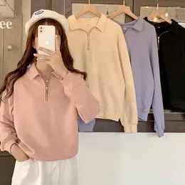 Women's Hoodies Spring And Autumn Vintage College Style Solid Colour Polo Collar Sweater Short Zipper Pullover Top