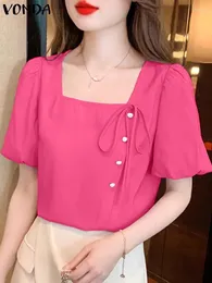 Women's Blouses VONDA Women Elegant Blouse 2024 Summer Tops Sexy Square Collar Shirts Casual Solid Color Tunic Bandage Fashion Blusas