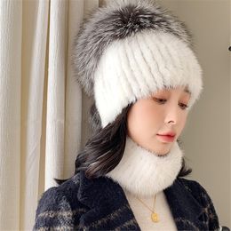 One Set Womens Real Mink Fur Hat +Scarf Knitted Cap Beanie Winter Warm Neck Warm Collar Ski Outdoor Cap