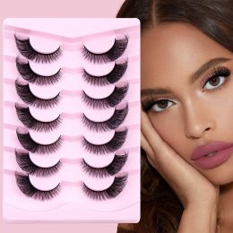 False Eyelashes Cat Eye Fluffy Lashes 8D Volume Natural Crossed 15MM Faux Mink Lashes Fake Eyelashes 7 Pairs Pack