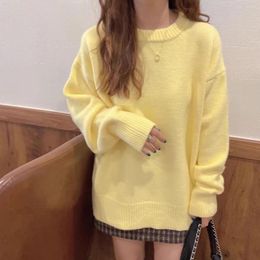 Women's Sweaters Korean Chic Oversized Autumn Winter Yellow Knitted Sweater Elegant Lazy Women Round Collar Thick Warm Loose Casual