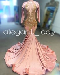 Rose Pink Sparkly Mermaid Prom Ceremony Dresses for Women Long Sleeve Diamond Crystal Black Girl Evening Celebrity Dress