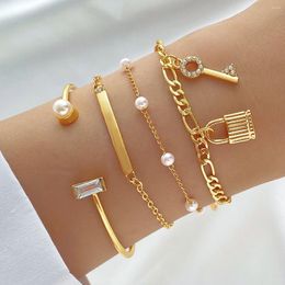 Link Bracelets 4Pcs Vintage Pearl Key Lock Bracelet Gold Colour Chains Crystal Wrist For Women Charms Open Bangle Set Jewellery