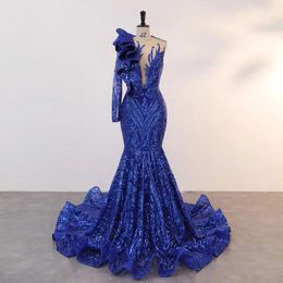 Party Dresses Sexy One Shoulder Mermaid Evening Dress Long Royal Blue Sequined Black Girl Prom For Wedding Pageant Celebrity Gown